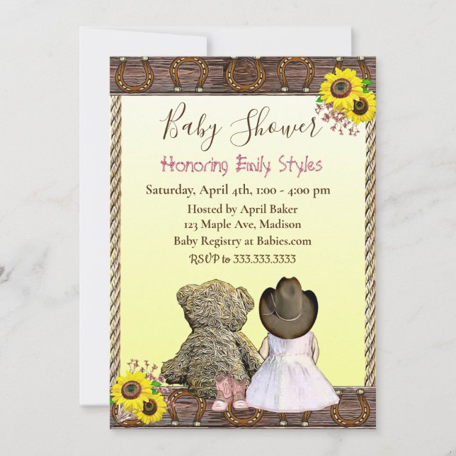 Lil' Cowgirl und Teddy Bear | Babydusche Einladung (Vorderseite)