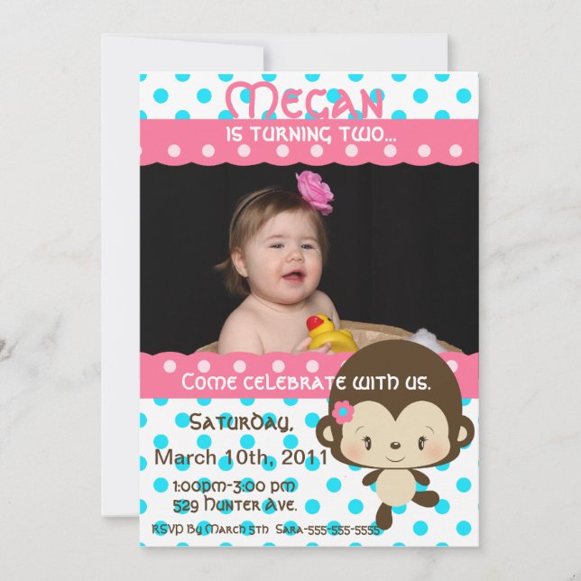 Lil Fräulein Monkey Birthday Einladung-Rosa-Blau Einladung (Vorderseite)