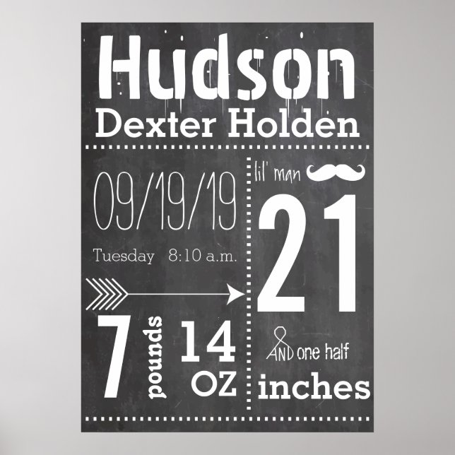 Lil Man Mustache Chalkboard Boy Baby Stat Arrow Poster (Vorne)