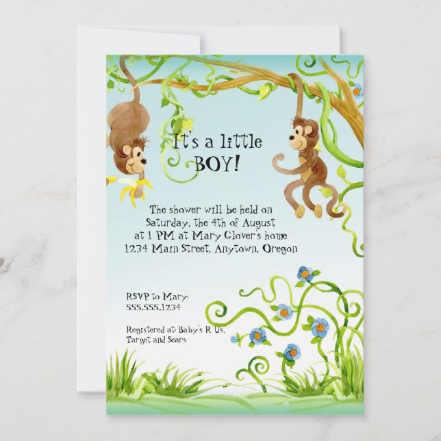 Lil Monkey, Boy Baby shower Invitation (Devant)
