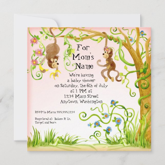 Lil Monkey, Girl Baby Shower Einladung (Vorderseite)