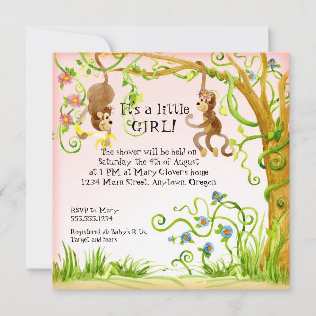 Lil Monkey, Invitation Baby shower fille (Devant)