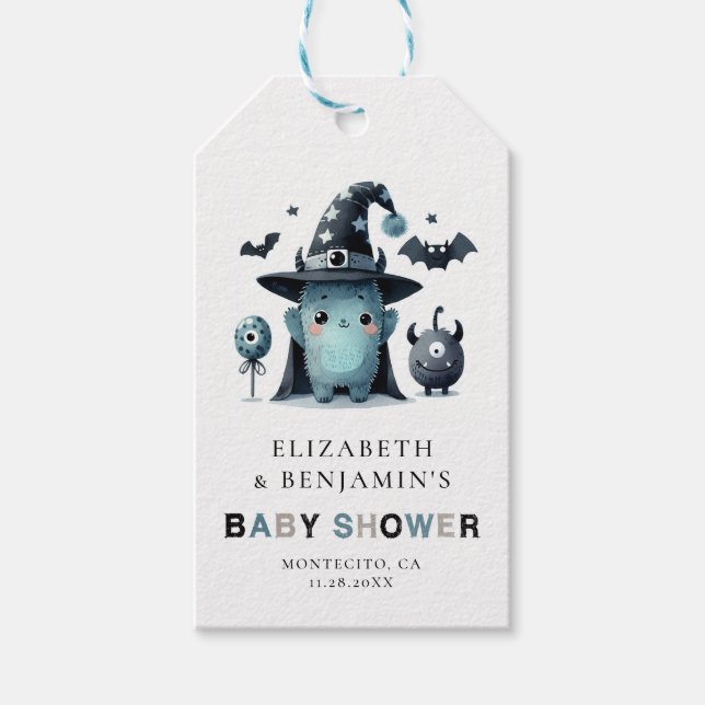Lil' Monster Fall Halloween Blue Coed Baby Shower Geschenkanhänger (Vorderseite)