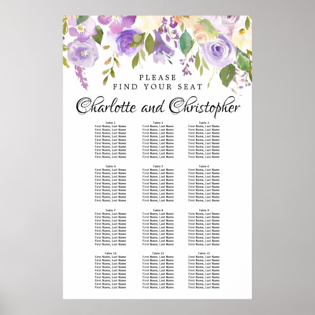 Lila 12-Tisch-Hochzeitstabelle für Blumen Poster (Vorne)