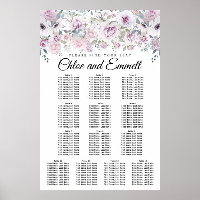 Lila 13-Tisch-Hochzeitskarte mit weißer Blüte Poster (Vorne)