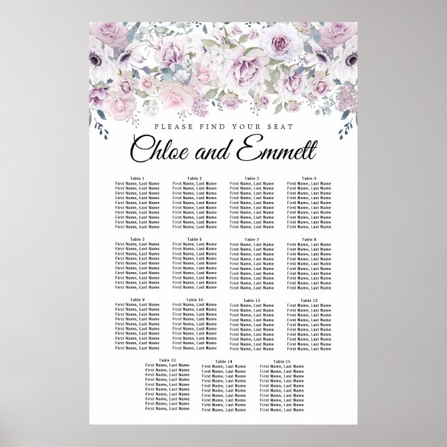Lila 15-Tisch-Hochzeitskarte mit weißer Blüte Poster (Vorne)