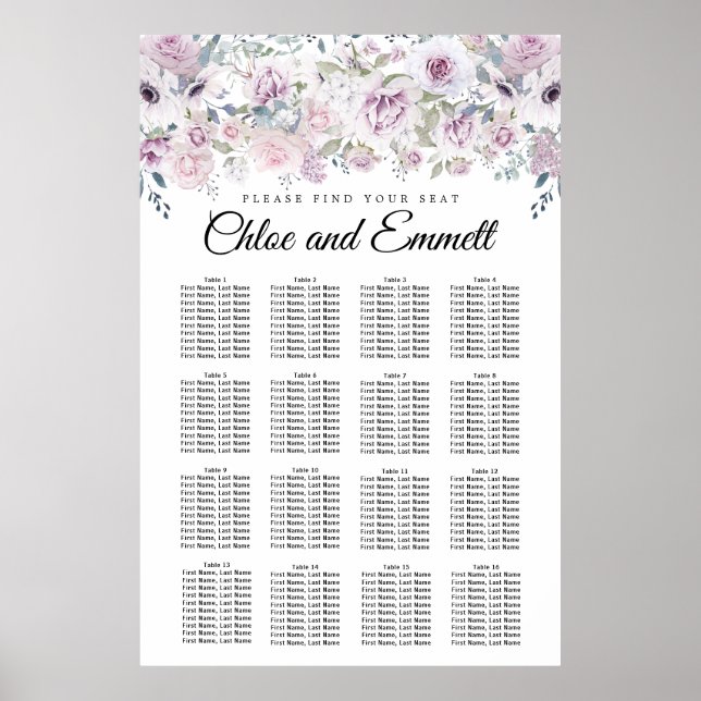 Lila 16-Tisch-Hochzeitskarte mit weißer Blüte Poster (Vorne)