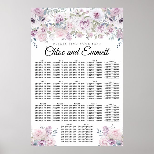 Lila 17-Tisch-Hochzeitstabelle für Weißblumen Poster (Vorne)