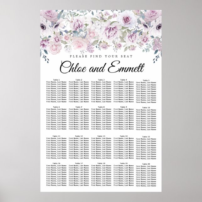 Lila 20-Tisch-Sitzkarte mit weißer Blüte Poster (Vorne)
