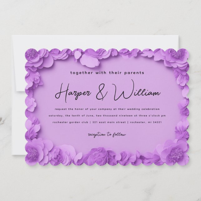 Lila 3D-Papierschnitt-Blume Einladung zur Hochzeit (Vorderseite)