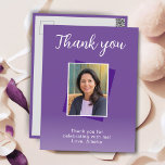 Lila 50. Geburtstag Foto Vielen Dank Postkarte<br><div class="desc">Lila 50. Geburtstag Foto Danke Postcard. Der Hintergrund ist lila und der Text weiß. Personalisieren Sie es mit Ihrem Foto,  Ihrem Namen und vielen Dank.</div>