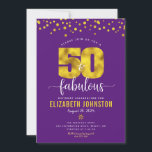Lila 50 und fabelhafte Geburtstagsgoldmatten Einladung<br><div class="desc">"50 und fabelhaft." Besitzen Sie es und geben Sie 50 mit Stil! Versenden Sie diese atemberaubende, moderne, grafische Imitate Goldfolie "50" und Konfetti Punkte auf einem lila Hintergrund, 50. Geburtstag personalisierte Einladung für eine Feier zu erinnern. Coordinieren Sie Umschläge, Etiketten, Teller, Servietten und andere Artikel sind ebenfalls erhältlich. Garantiert, um...</div>