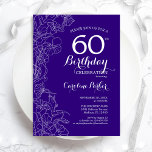 Lila 60. Geburtstagsparty Einladung<br><div class="desc">Lila florale 60. Geburtstagsparty Einladung. Minimalistisches modernes Design mit botanischen Kontur Zeichnungen Akzente und Typografie Drehbuch Schriftart. Einfache,  trendige Einladungskarte für eine stilvolle Damenfeier. Kann für jedes Alter angepasst werden. Gedruckte Zazzle Einladungen oder Sofortdownload digitalen druckbaren Vorlage.</div>