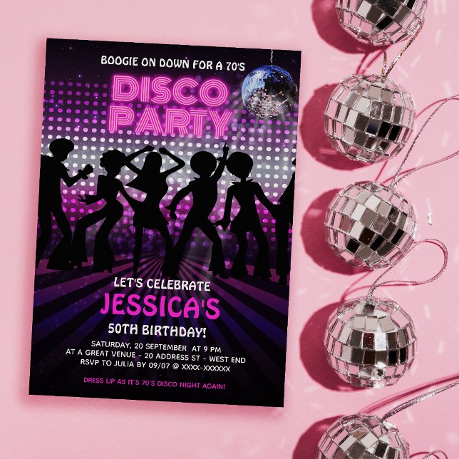 Lila 70er Disco Dancing Party Einladung (Time to get you groove on with our out of sight, 70s Disco Party birthday invitation. )