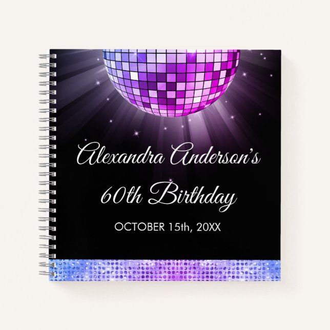 Lila 70er-Jahre-Disco-Ball-Gästebuch zum 60. Gebur Notizbuch (Vorderseite)