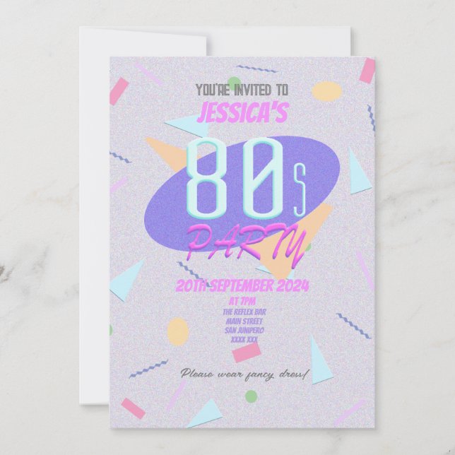 Lila 80er Geometric Print Party Einladung (Vorderseite)