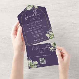 Lila Abschluss Arch Greenery QR Code Hochzeit All In One Einladung