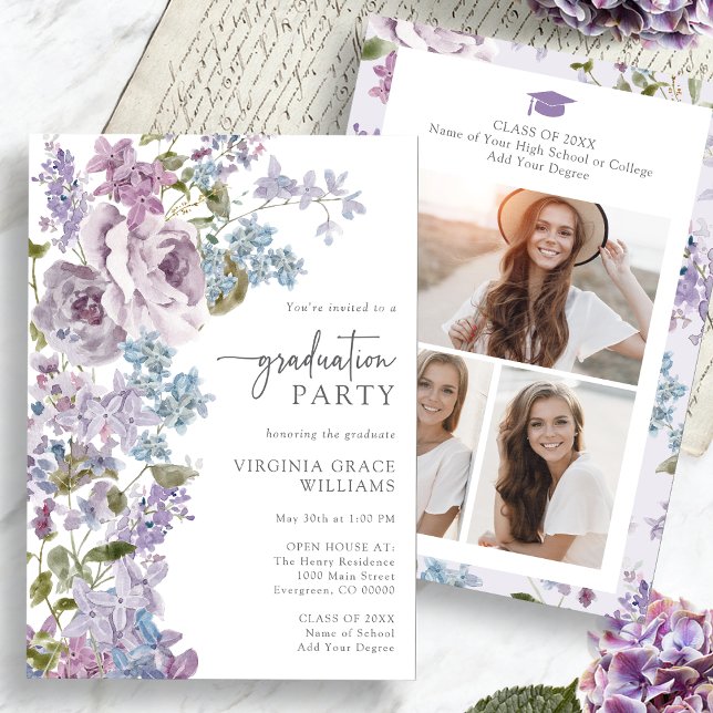 Lila Abschluss Einladung (Watercolor Floral Purple Lilac Graduation Invitation Pictures on back by Painted Paperie
)