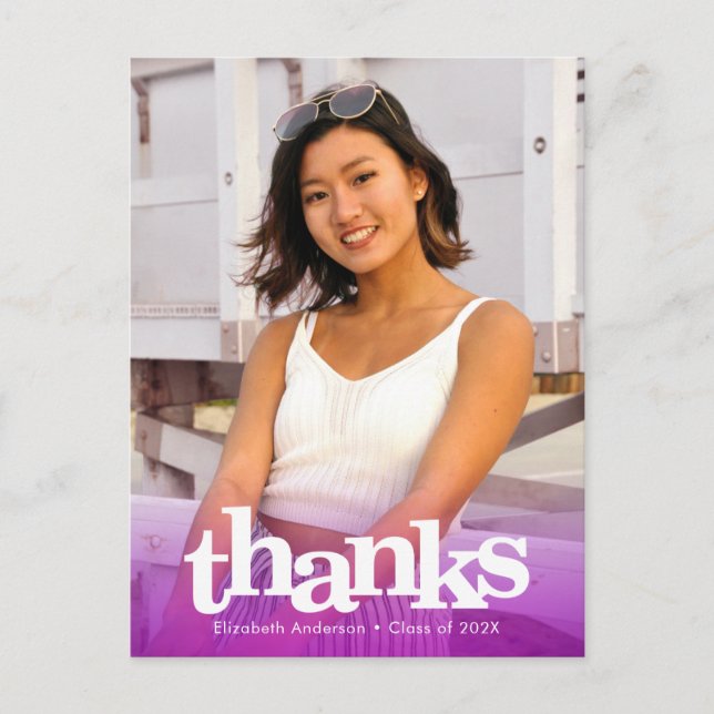 Lila Abschluss Foto fett Typografie danke Postkarte (Vorderseite)