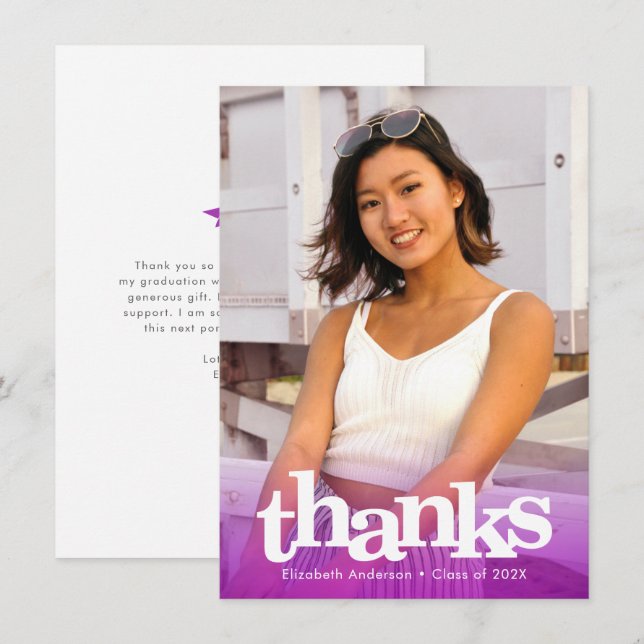 Lila Abschluss Foto fett Typografie modern Dankeskarte (Vorne/Hinten)