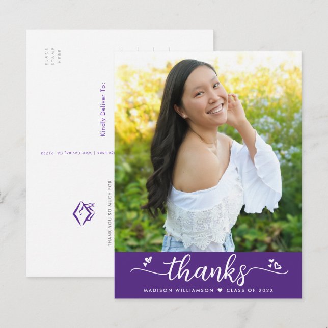 Lila Abschluss Foto Script Herzlichen Dank Postkarte (Vorne/Hinten)