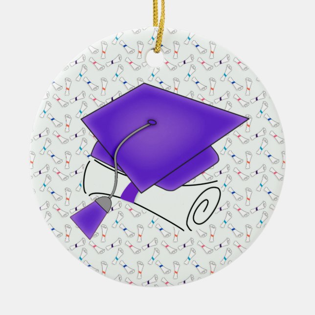 Lila Abschluss-Kappe u. Diplom, bunte Diplome Keramik Ornament (Vorne)