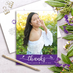 Lila Abschlussfoto-Skript-Herzen Dankeschön Postkarte