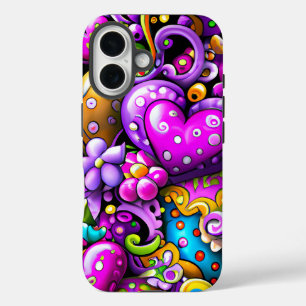 Lila abstrakte Herzen und Blumen iPhone 16 Hülle