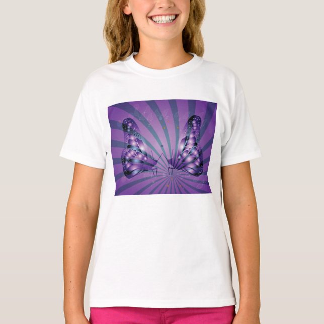 Lila Abstrakter Schmetterling mit strahlenden Flüg T-Shirt (Vorderseite)