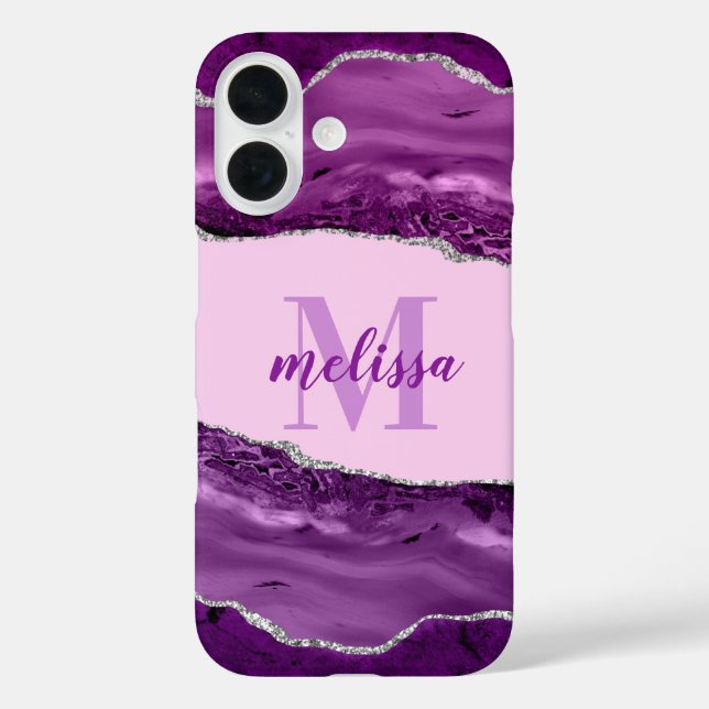 Lila Achat mit silbernem Glitter monogramm Etui iPhone 16 Hülle (Rückseite)