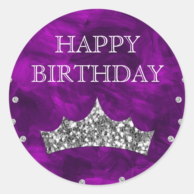 Lila Acrylic & Silver Glitzer Crown Geburtstag Runder Aufkleber (Vorderseite)