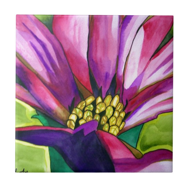 Lila afrikanische Daisy Aquarellkunst Blume Fliese (Vorderseite)