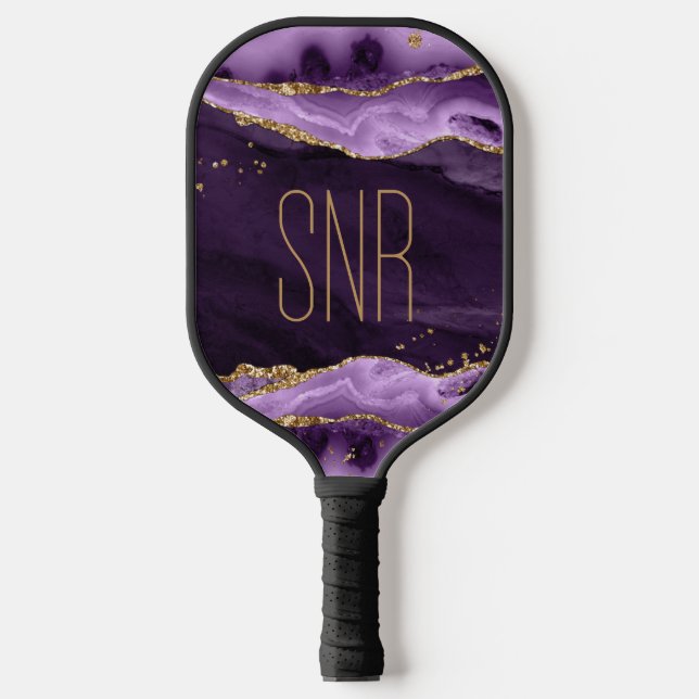 Lila Agate Geode Gold Glitzer Personalisiert Pickleball Schläger (Vorderseite)
