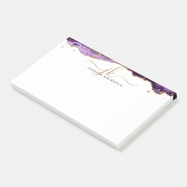 Lila Agate Geode Gold Glitzer Script Monogram Post-it Klebezettel (angewinkelt)