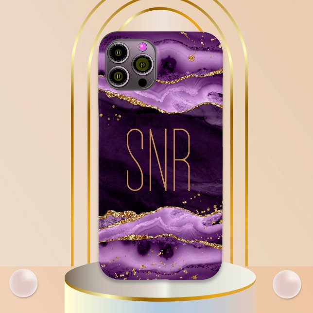 Lila Agate Geode Monogram Name Gold Glitzer Case-Mate iPhone 14 Hülle (Von Creator hochgeladen)