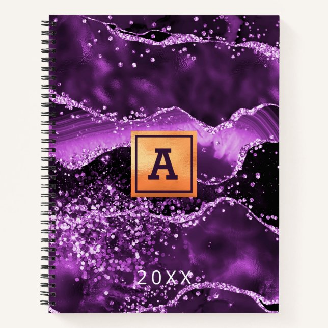 Lila agate Glitzer rosa Marmorname Gold Notizbuch (Vorderseite)