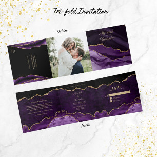 Lila Agate Gold Glitzer Foto Wedding Square Dreifach Gefaltete Einladung