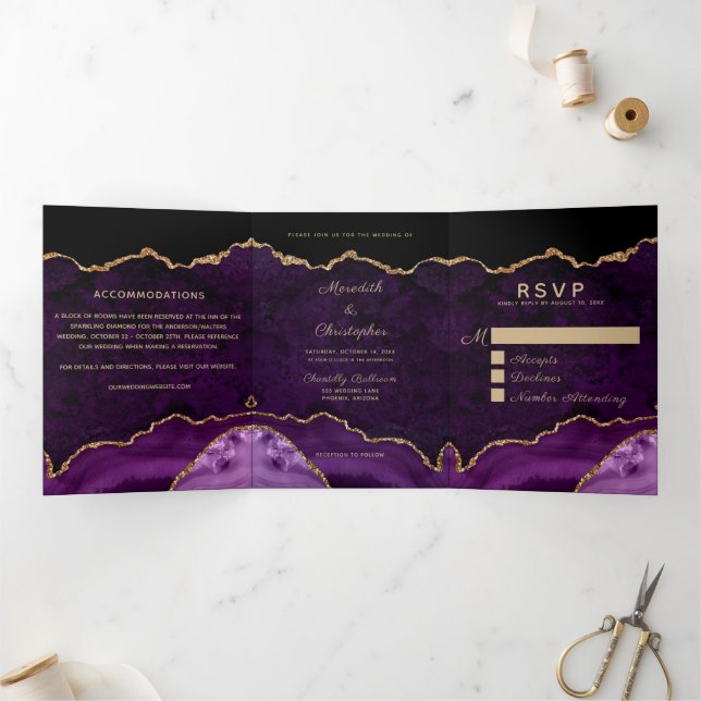 Lila Agate Gold Glitzer Geode Foto Hochzeit Dreifach Gefaltete Einladung (Innenseite)