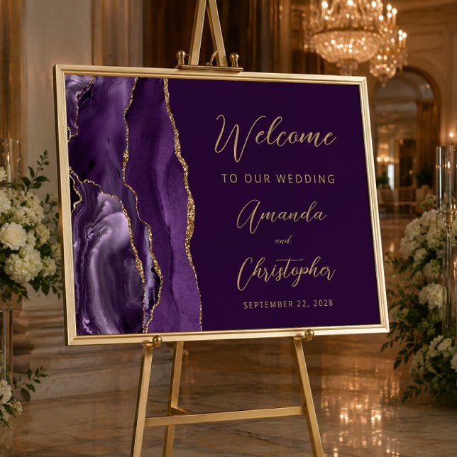 Lila Agate Gold Script Wedding Willkommen Poster (Von Creator hochgeladen)