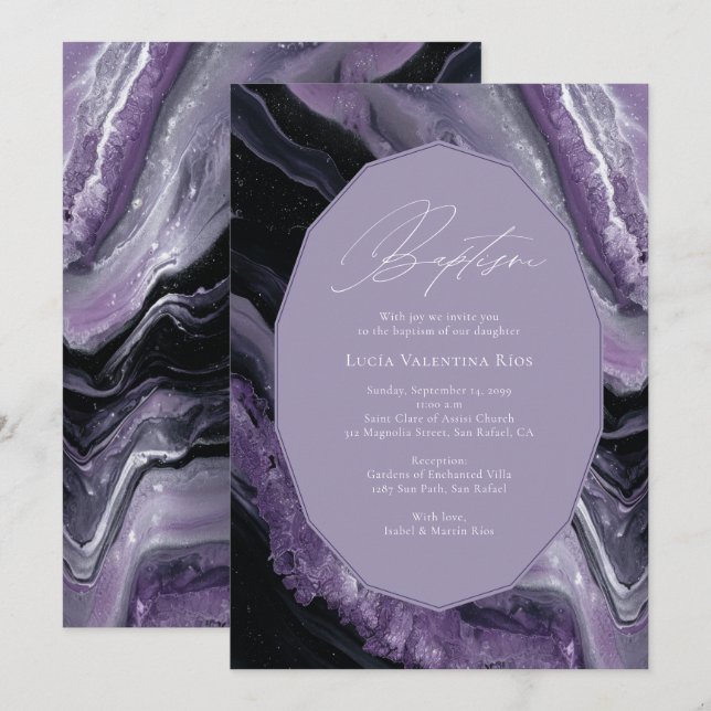 Lila Agate Modern Baby Christening Taufe Einladung (Vorne/Hinten)