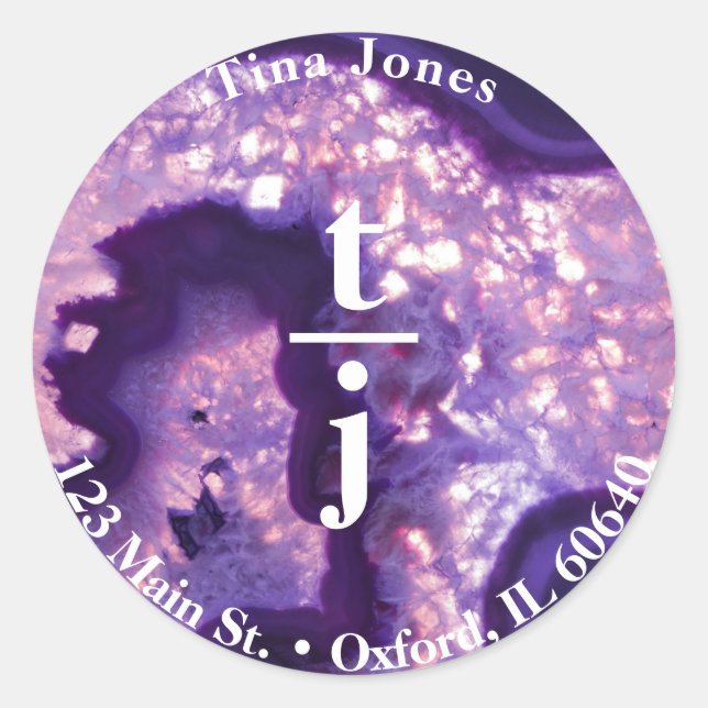 Lila Agate Monogram-Adressenlabel Runder Aufkleber (Vorderseite)