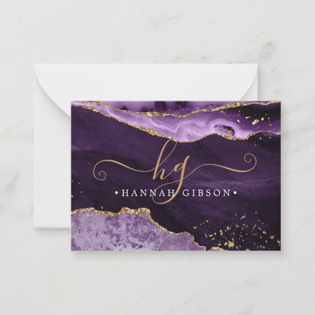 Lila Agate Monogram Extravagant Script Gold Glitze Mitteilungskarte (Vorderseite)