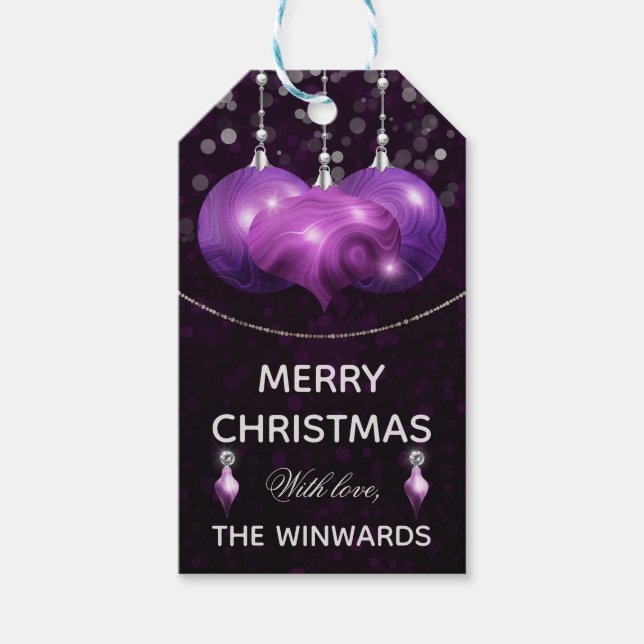 Lila Agate & Silber Baubles Frohe Weihnachten Geschenkanhänger (Vorderseite)