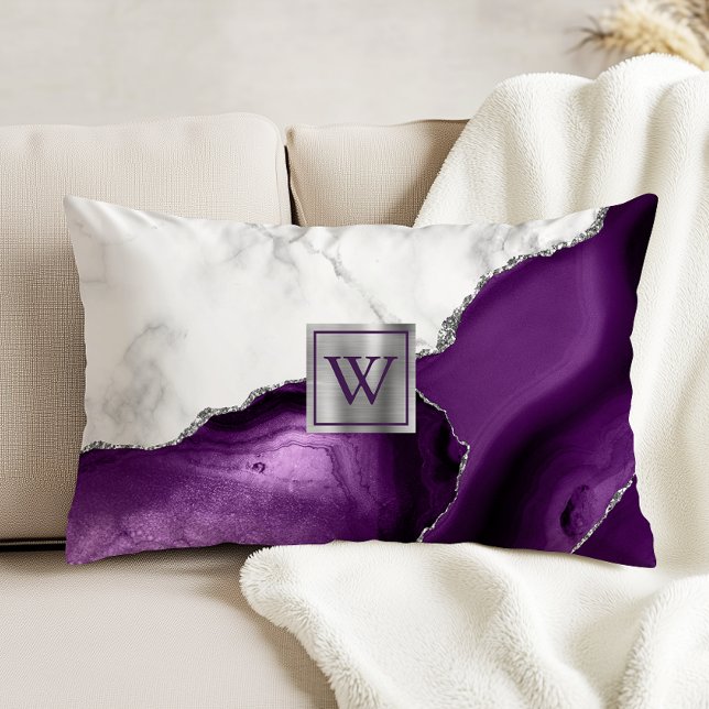 Lila Agate Silver Monogramm aus weißem Marmor Dekokissen (Von Creator hochgeladen)