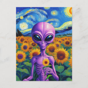 Lila Alien Holds Blume Van Gogh Sonnenblumenfeld Postkarte
