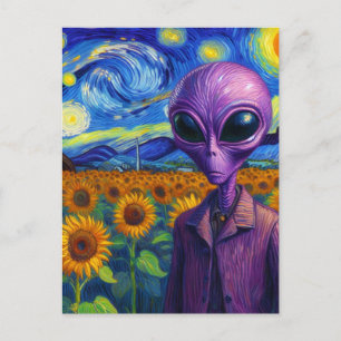 Lila Alien in Imitaten Van Gogh Sonnenblumenfeld Postkarte