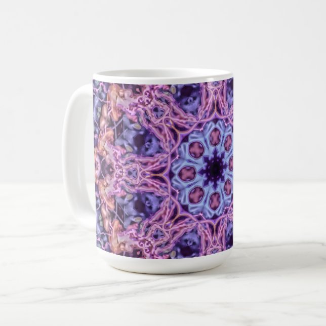 Lila Alien Kaleidoskopie Mandala Kaffeetasse (Vorderseite Links)