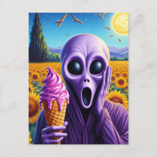 Lila Alien schreit auf dem Van Gogh-Sonnenblumenfe Postkarte