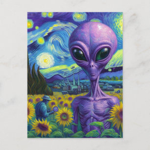 Lila Alien Van Gogh Sunflower Field Postkarte