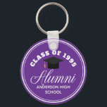 Lila Alumni High School Wiedersehen Personalisiert Schlüsselanhänger<br><div class="desc">Ein klassisches Wiedersehen-Gastgeschenk-Geschenk in lila und weiß für eine High School,  Uni oder Universität. Anpassen mit Ihrem Schulnamen und schließ-Klasse unter der eleganten Kalligraphie für ein großes personalisiertes Alumni Schlüsselanhänger Geschenk.</div>